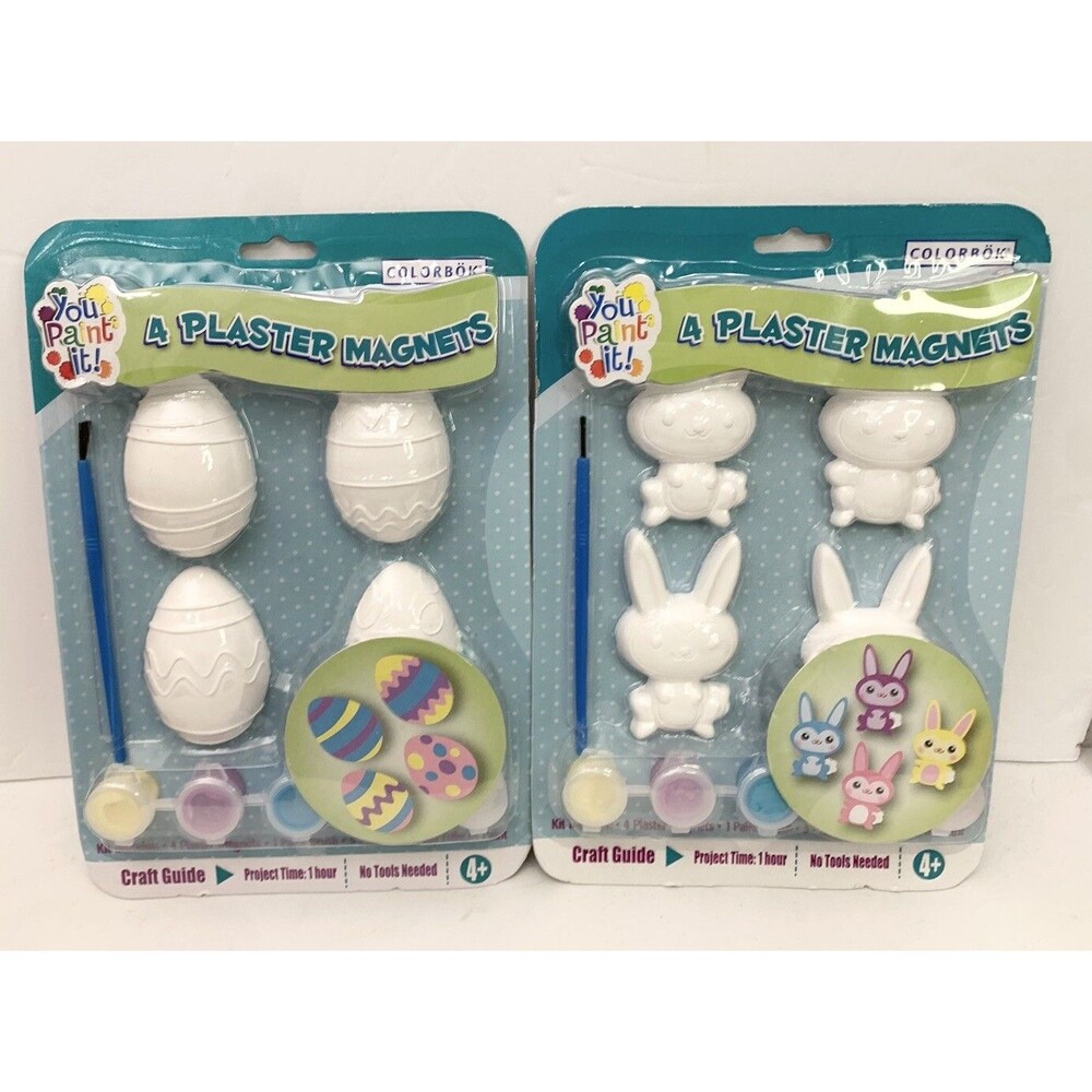 (2) NEW Vtg Paintable Plaster Easter Magnets Kits 8 Total Bunny & Eggs Kids